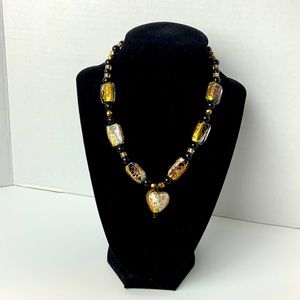 Gold Flake Heart Pendant glass Beaded necklace